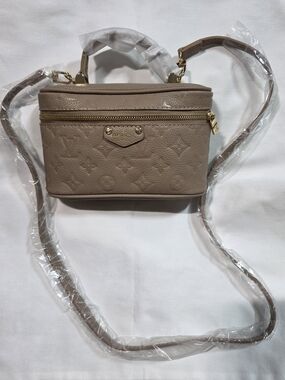 Embossed Taupe Crossbody Vanity Bag with Gold Hardware
